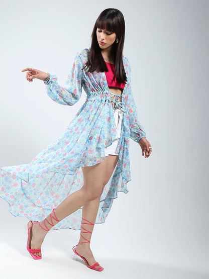 Sera women Blue Floral Print Chiffon shrug