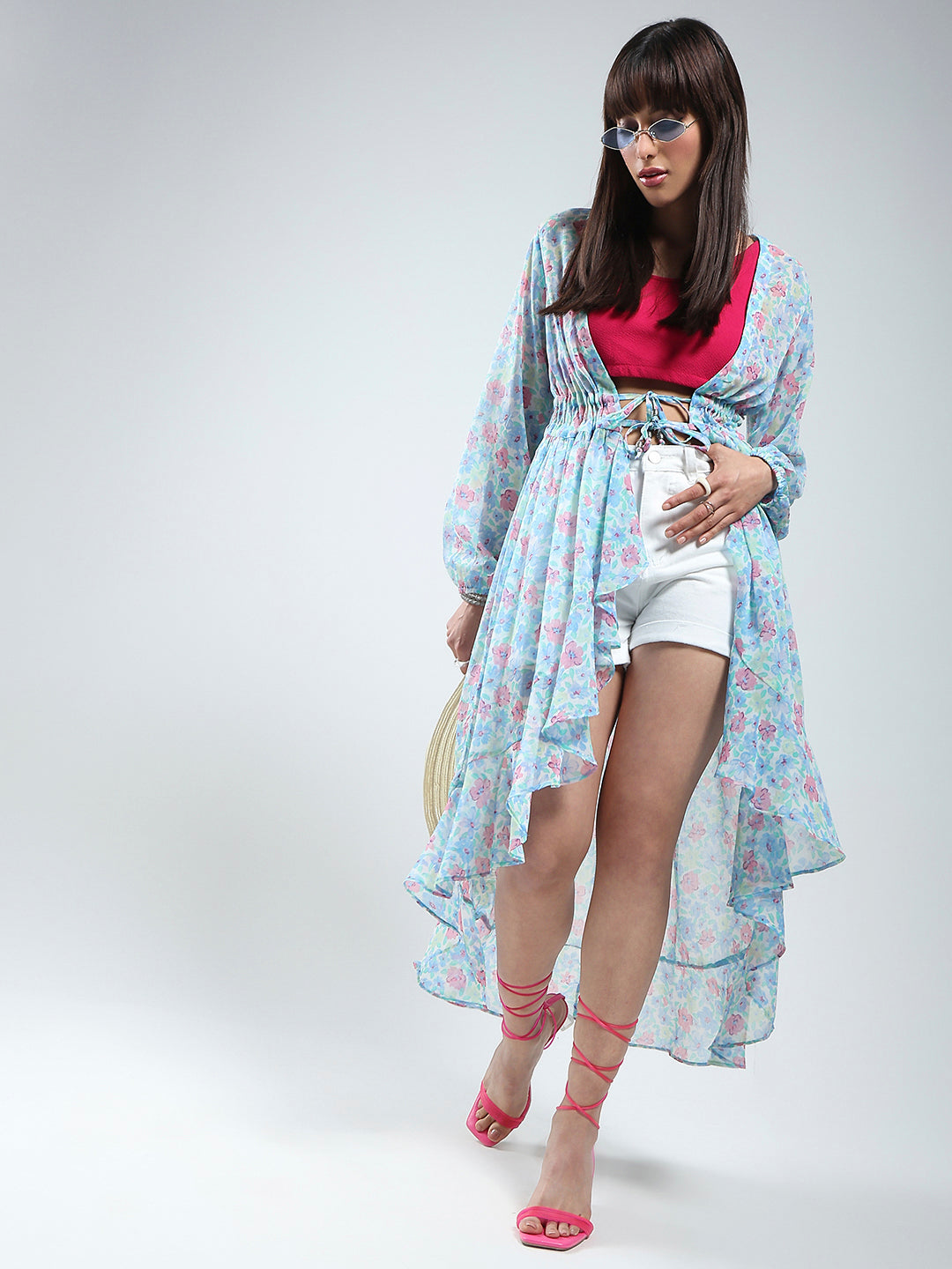 Sera women Blue Floral Print Chiffon shrug