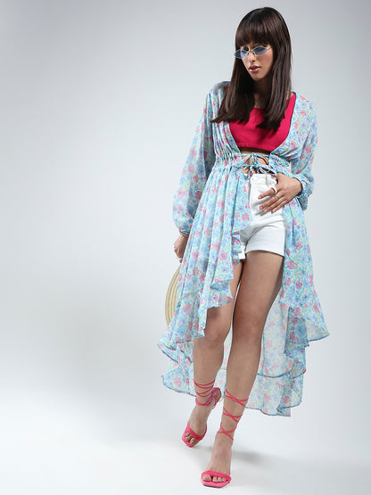 Sera women Blue Floral Print Chiffon shrug