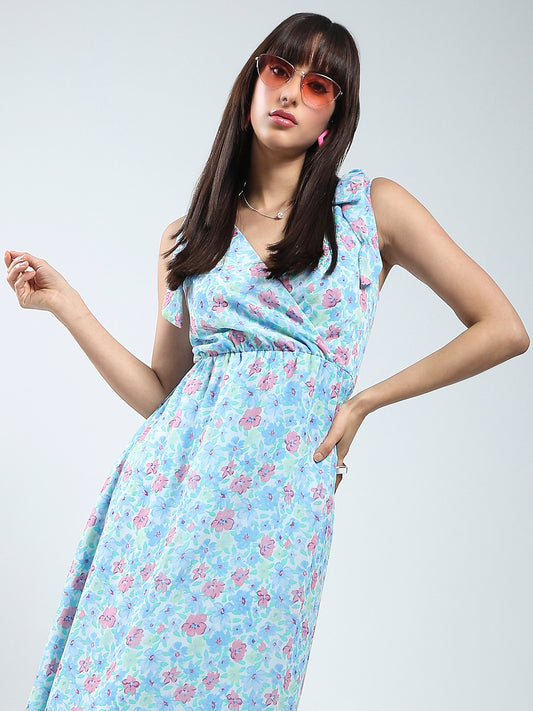 Women Blue floral midi fit and flare dress