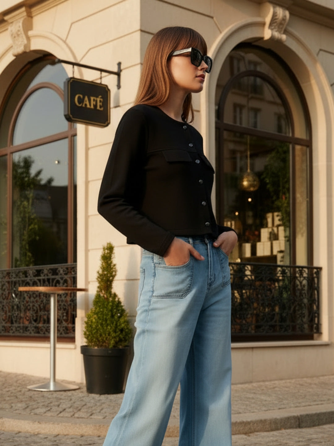 Black Textured Button-Up Stylish Cropped Shrug