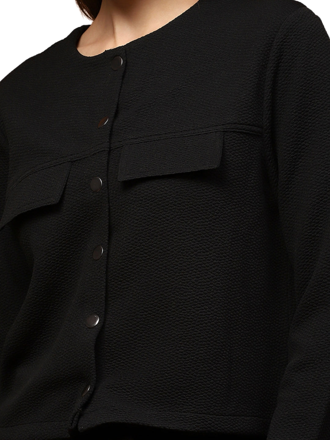 Black Textured Button-Up Stylish Cropped Shrug