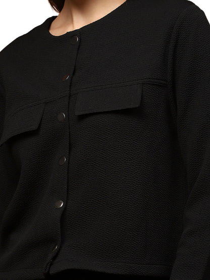 Black Textured Button-Up Stylish Cropped Shrug