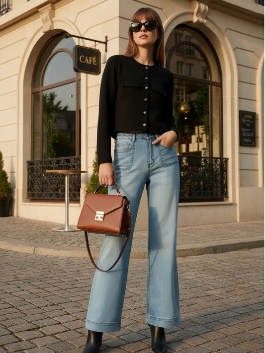 Black Textured Button-Up Stylish Cropped Shrug