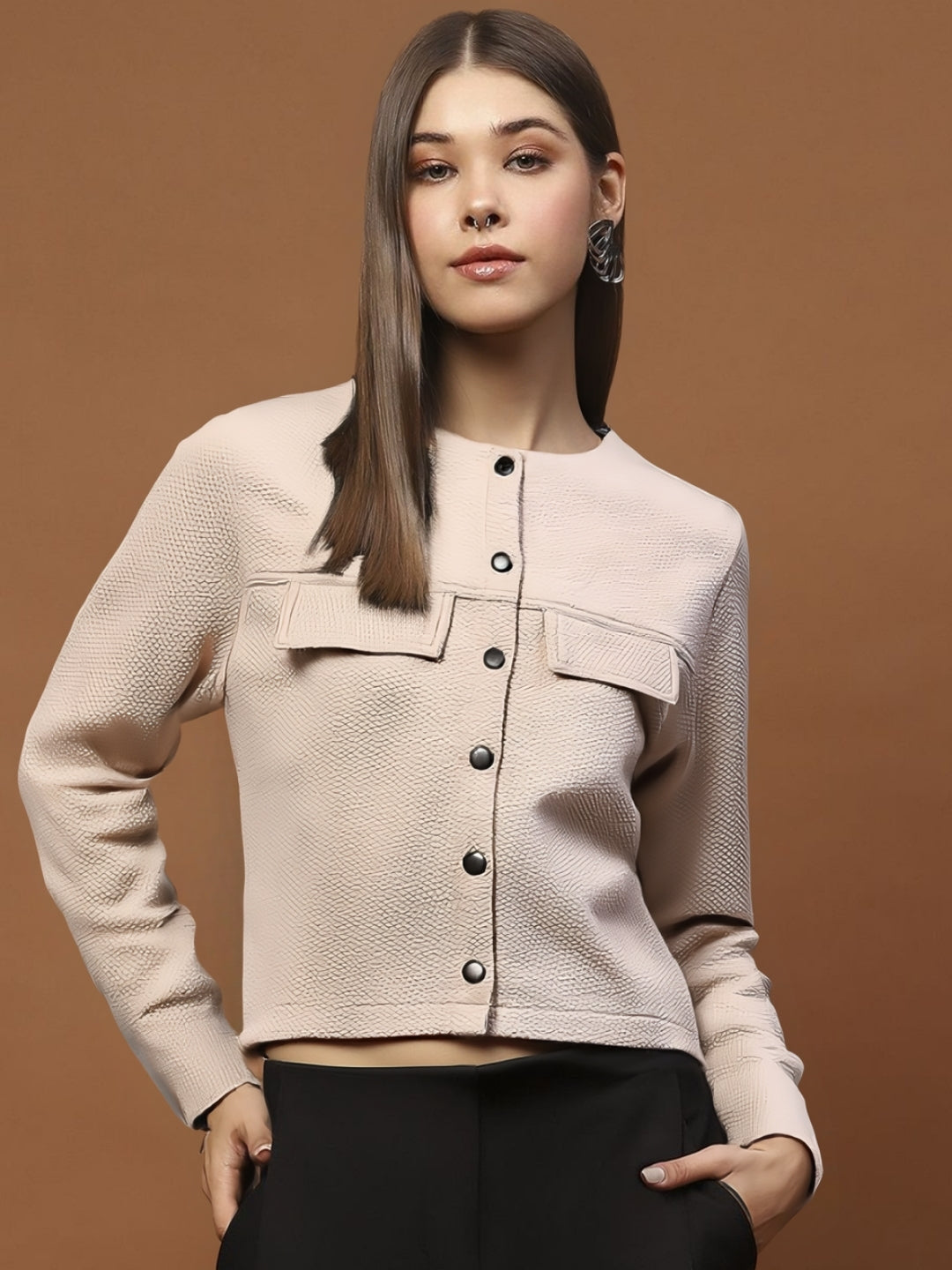 Beige Textured Button-Up Jacket for Women  Stylish Cropped Jacket