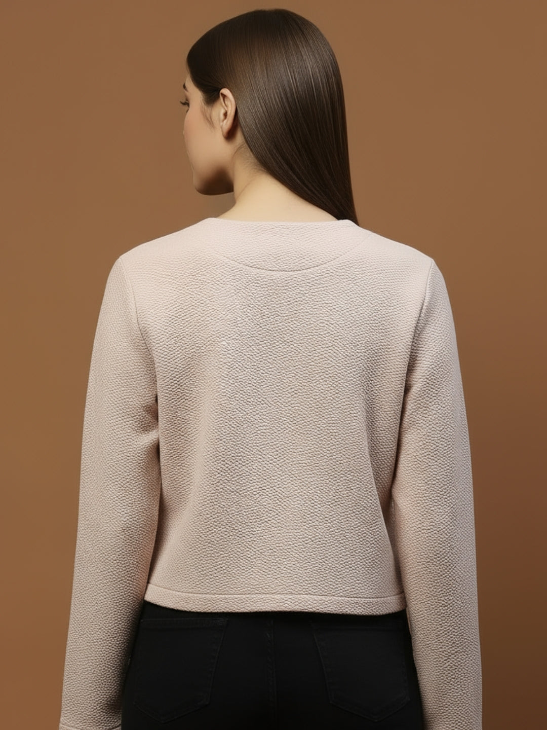 Beige Textured Button-Up Jacket for Women  Stylish Cropped Jacket