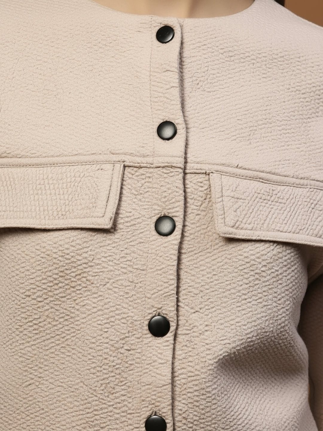 Beige Textured Button-Up Jacket for Women  Stylish Cropped Jacket