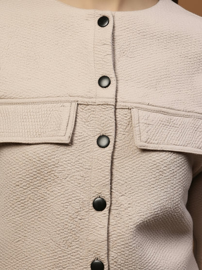 Beige Textured Button-Up Jacket for Women  Stylish Cropped Jacket