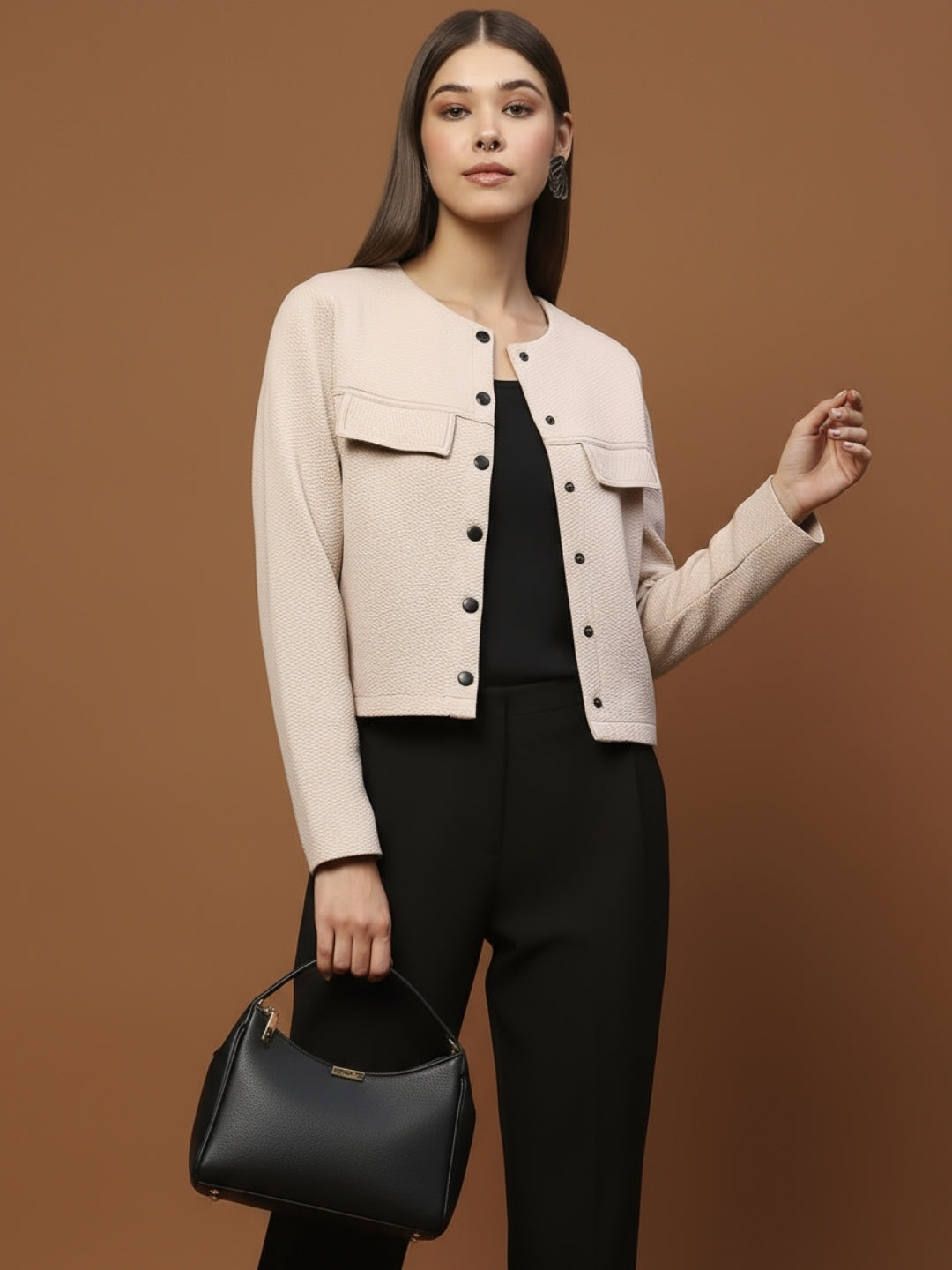 Beige Textured Button-Up Jacket for Women  Stylish Cropped Jacket