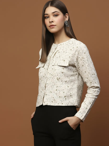 Off White Printed Cotton Crop Stylish Light Jacket
