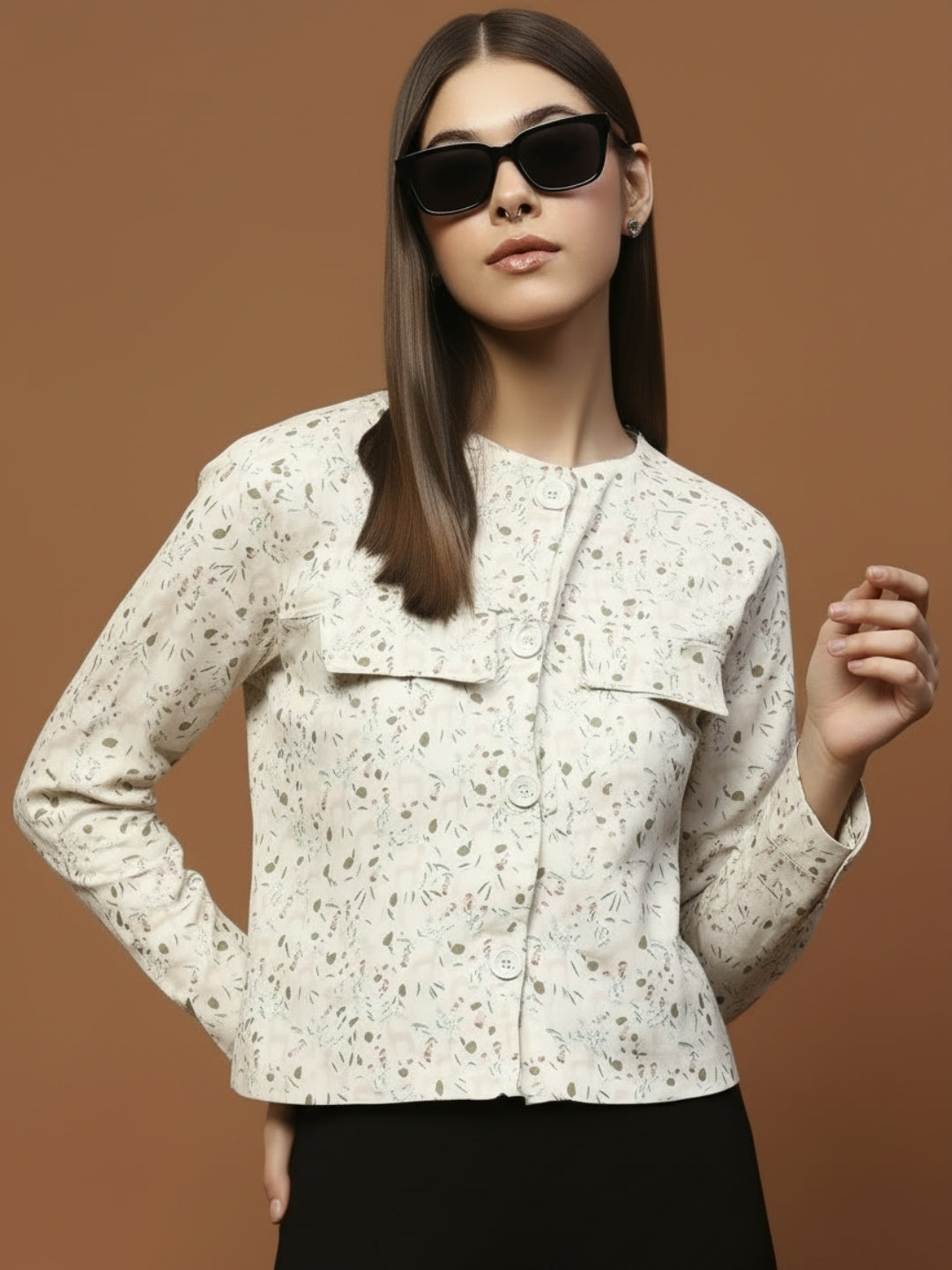 Off White Printed Cotton Crop Stylish Light Jacket