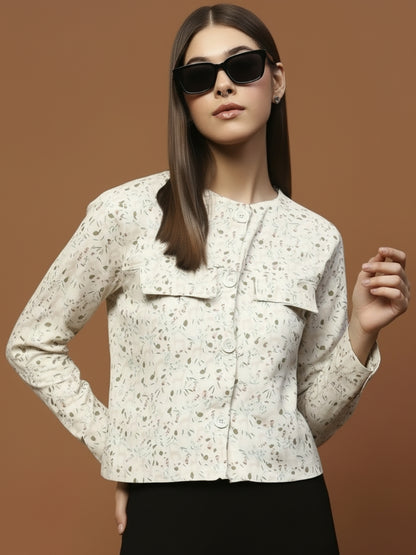 Off White Printed Cotton Crop Stylish Light Jacket
