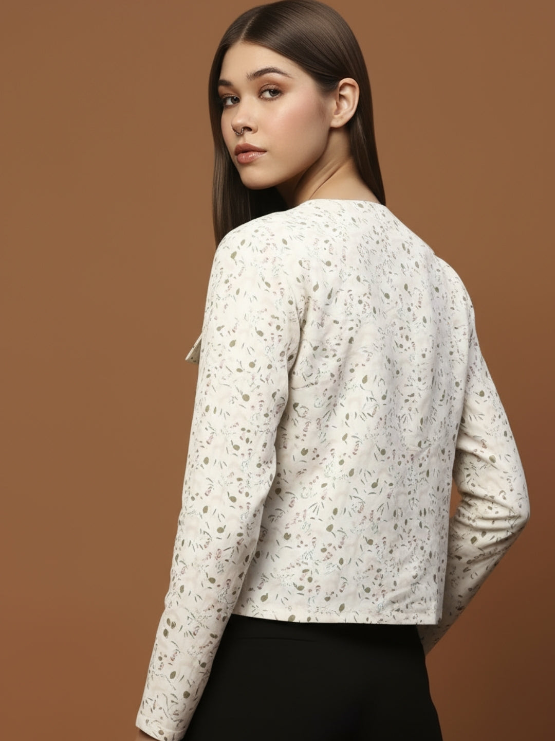 Off White Printed Cotton Crop Stylish Light Jacket