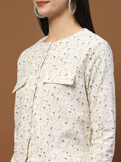 Off White Printed Cotton Crop Stylish Light Jacket