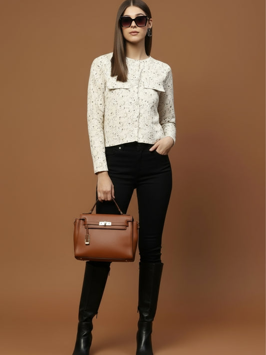 Off White Printed Cotton Crop Stylish Light Jacket