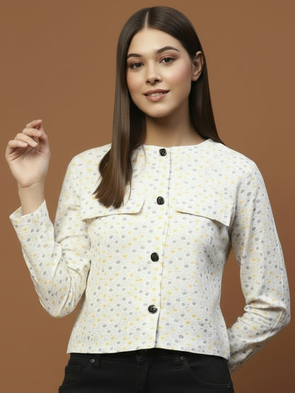 Off White Printed Cotton Crop Stylish Light Jacket