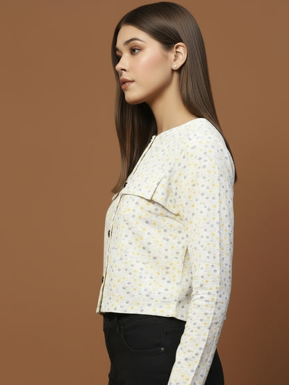 Off White Printed Cotton Crop Stylish Light Jacket