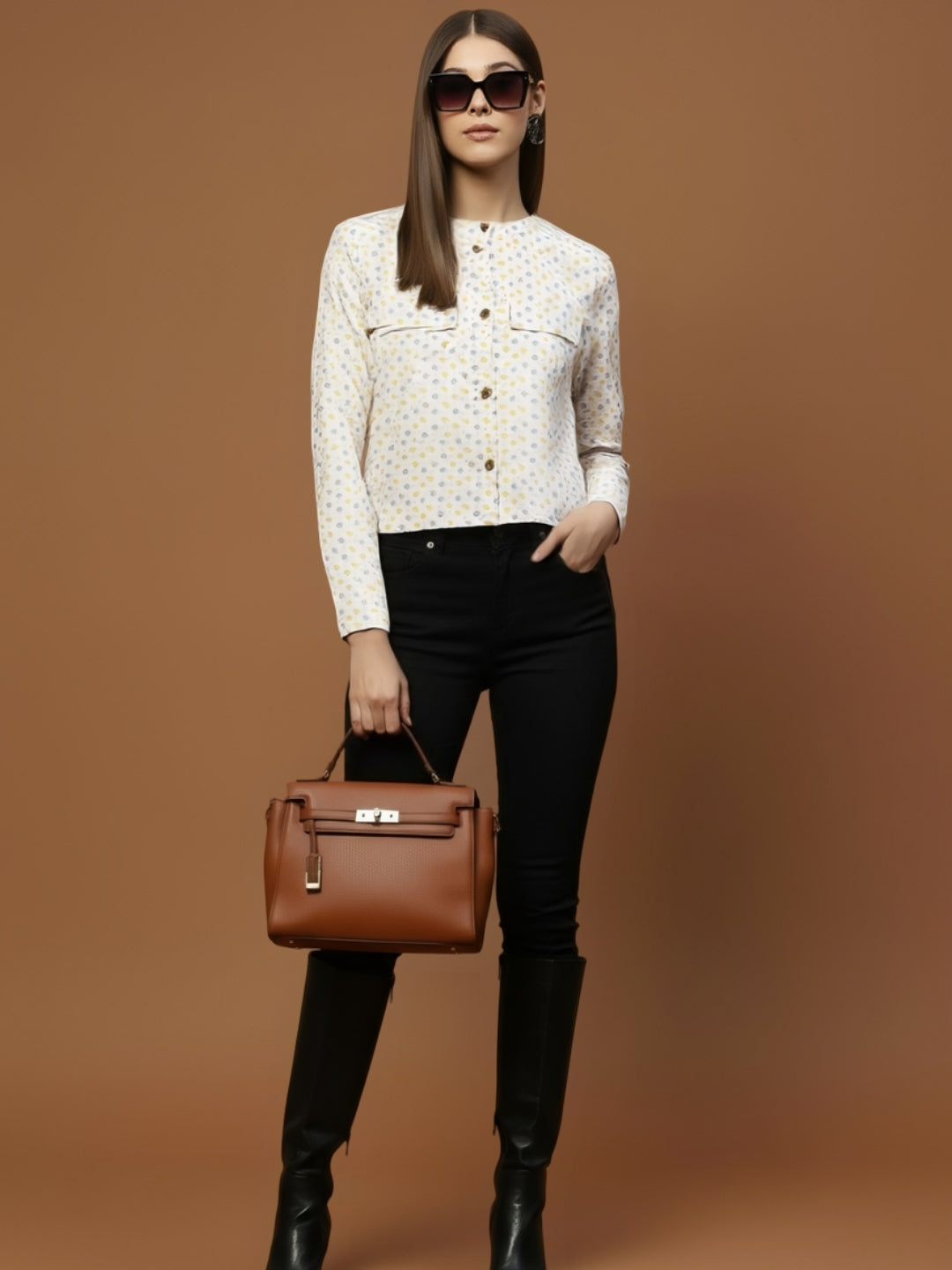 Off White Printed Cotton Crop Stylish Light Jacket