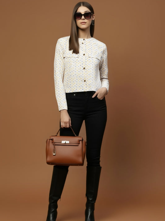 Off White Printed Cotton Crop Stylish Light Jacket