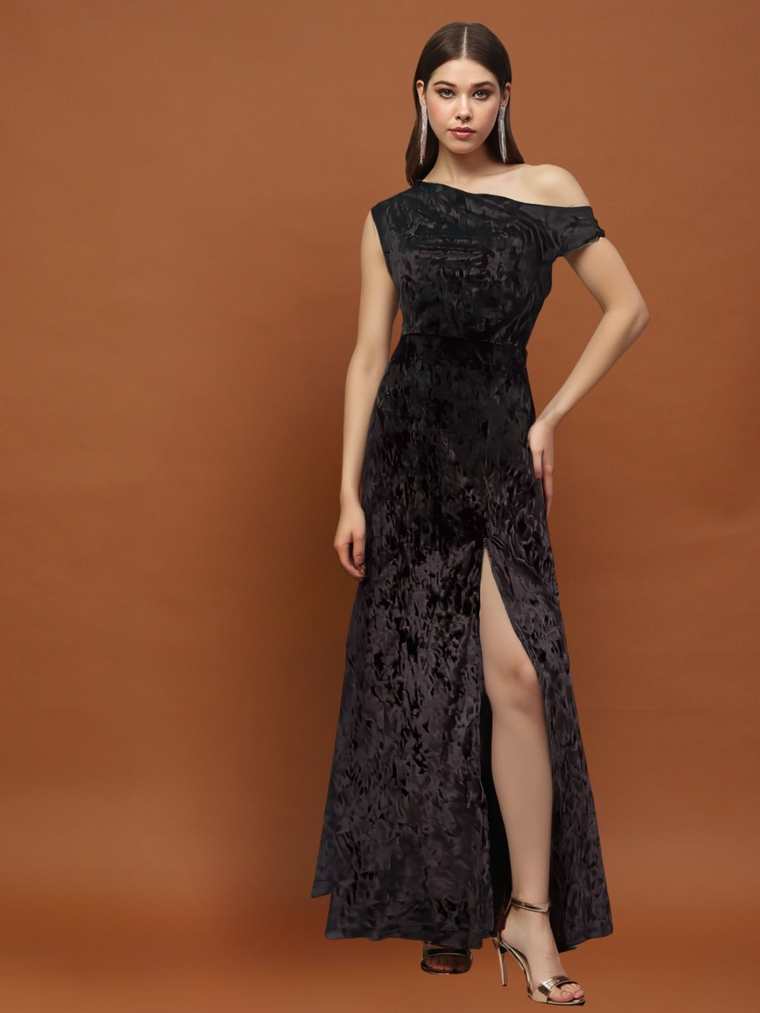 Black Velvet One Shoulder Maxi Dress – Elegant Party Wear Evening Gown with Slit