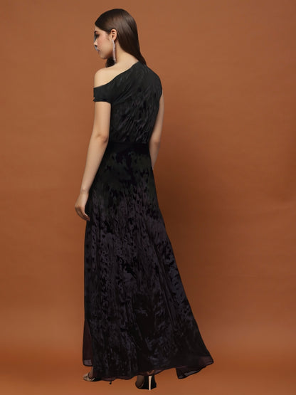 Black Velvet One Shoulder Maxi Dress – Elegant Party Wear Evening Gown with Slit