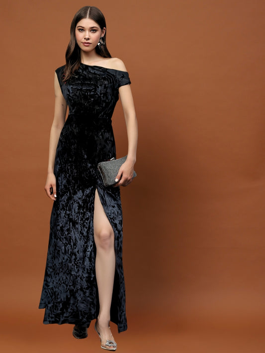Black Velvet One Shoulder Maxi Dress – Elegant Party Wear Evening Gown with Slit