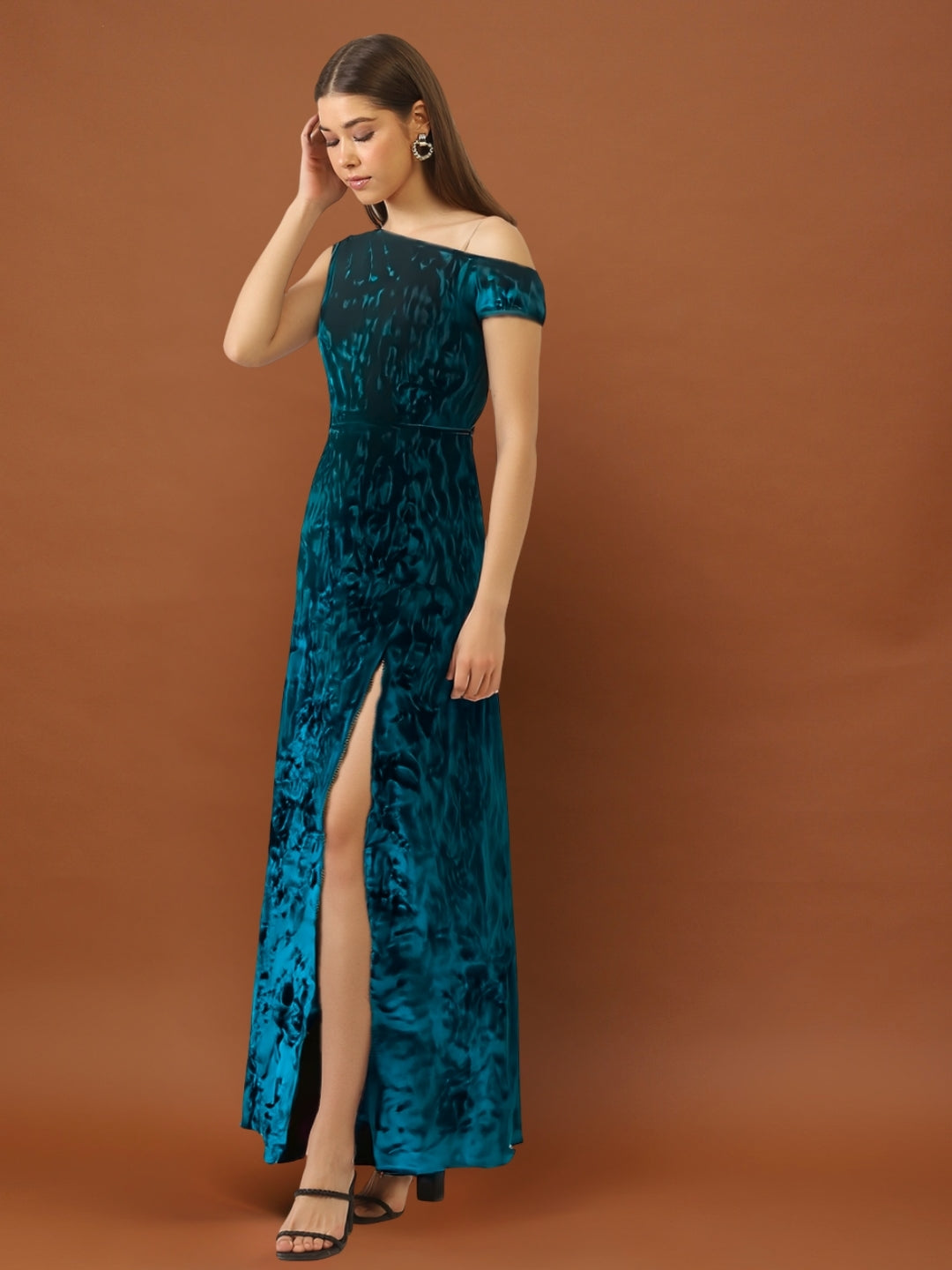Teal Blue Velvet One Shoulder Maxi Dress – Elegant Evening Party Gown with Slit