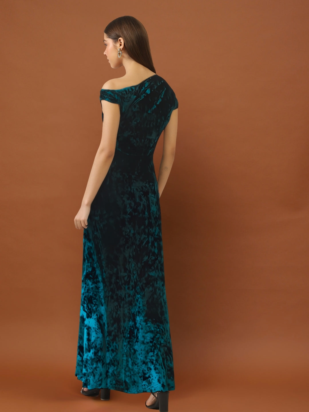 Teal Blue Velvet One Shoulder Maxi Dress – Elegant Evening Party Gown with Slit