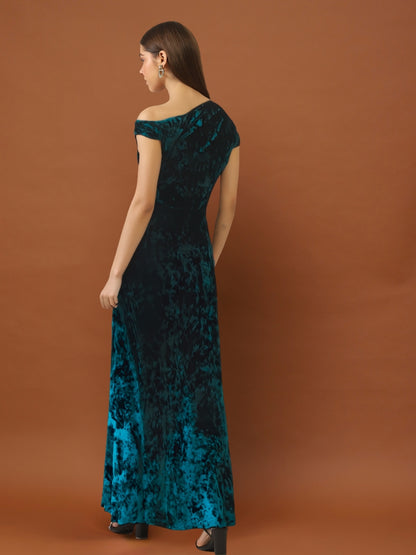 Teal Blue Velvet One Shoulder Maxi Dress – Elegant Evening Party Gown with Slit