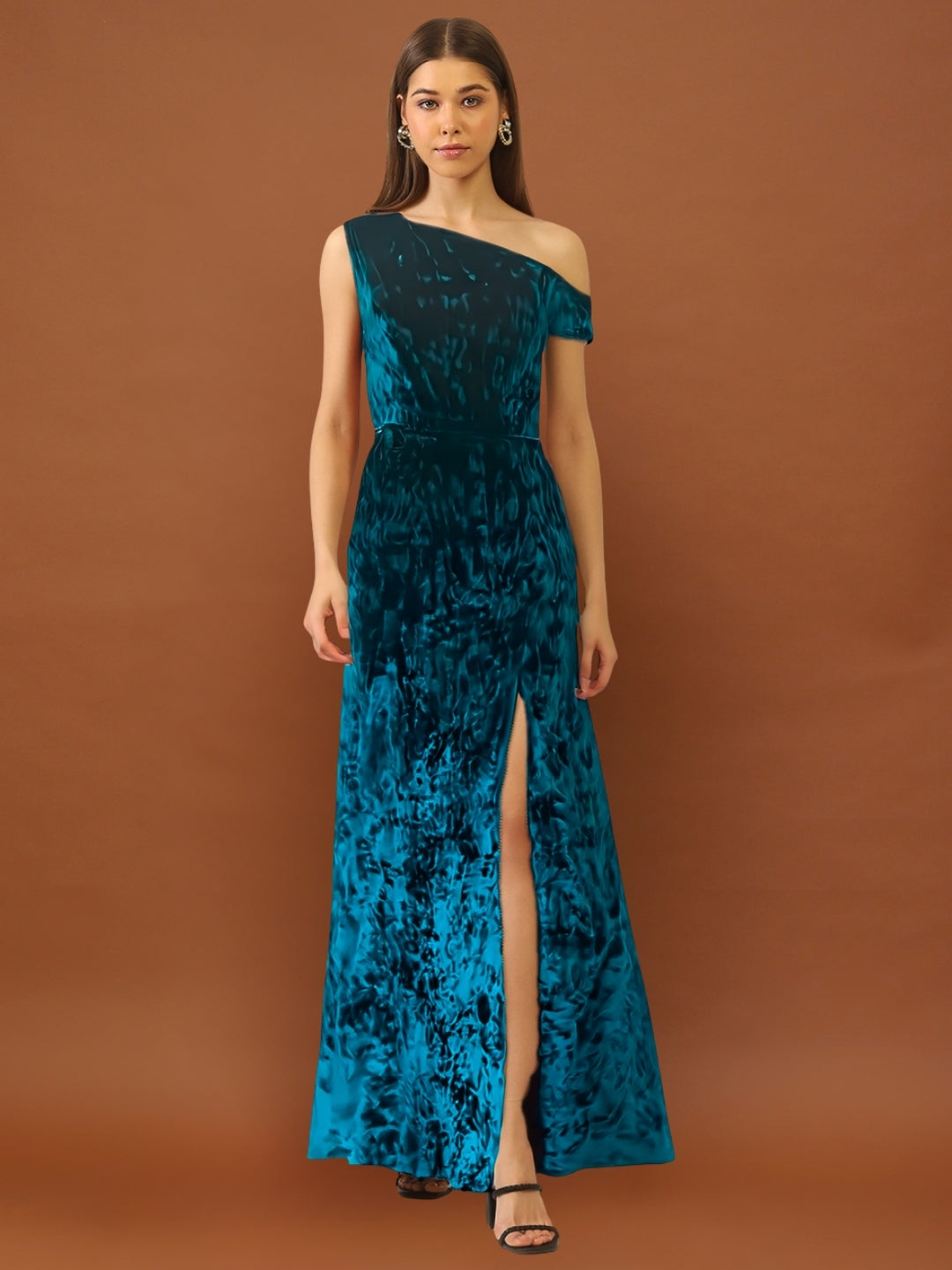 Teal Blue Velvet One Shoulder Maxi Dress – Elegant Evening Party Gown with Slit