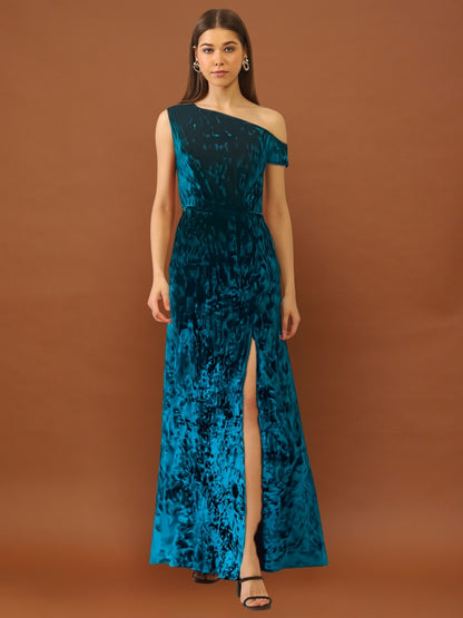 Teal Blue Velvet One Shoulder Maxi Dress – Elegant Evening Party Gown with Slit