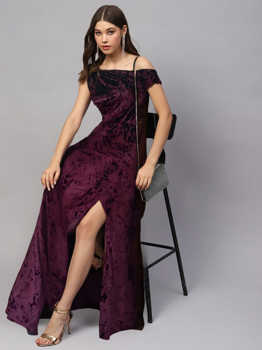 Plum Velvet One Shoulder Maxi Dress – Elegant Evening Gown with Front Slit