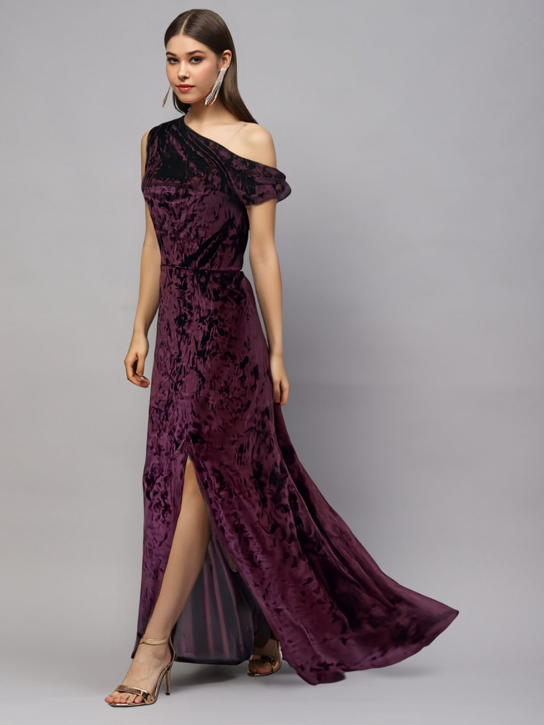 Plum Velvet One Shoulder Maxi Dress – Elegant Evening Gown with Front Slit