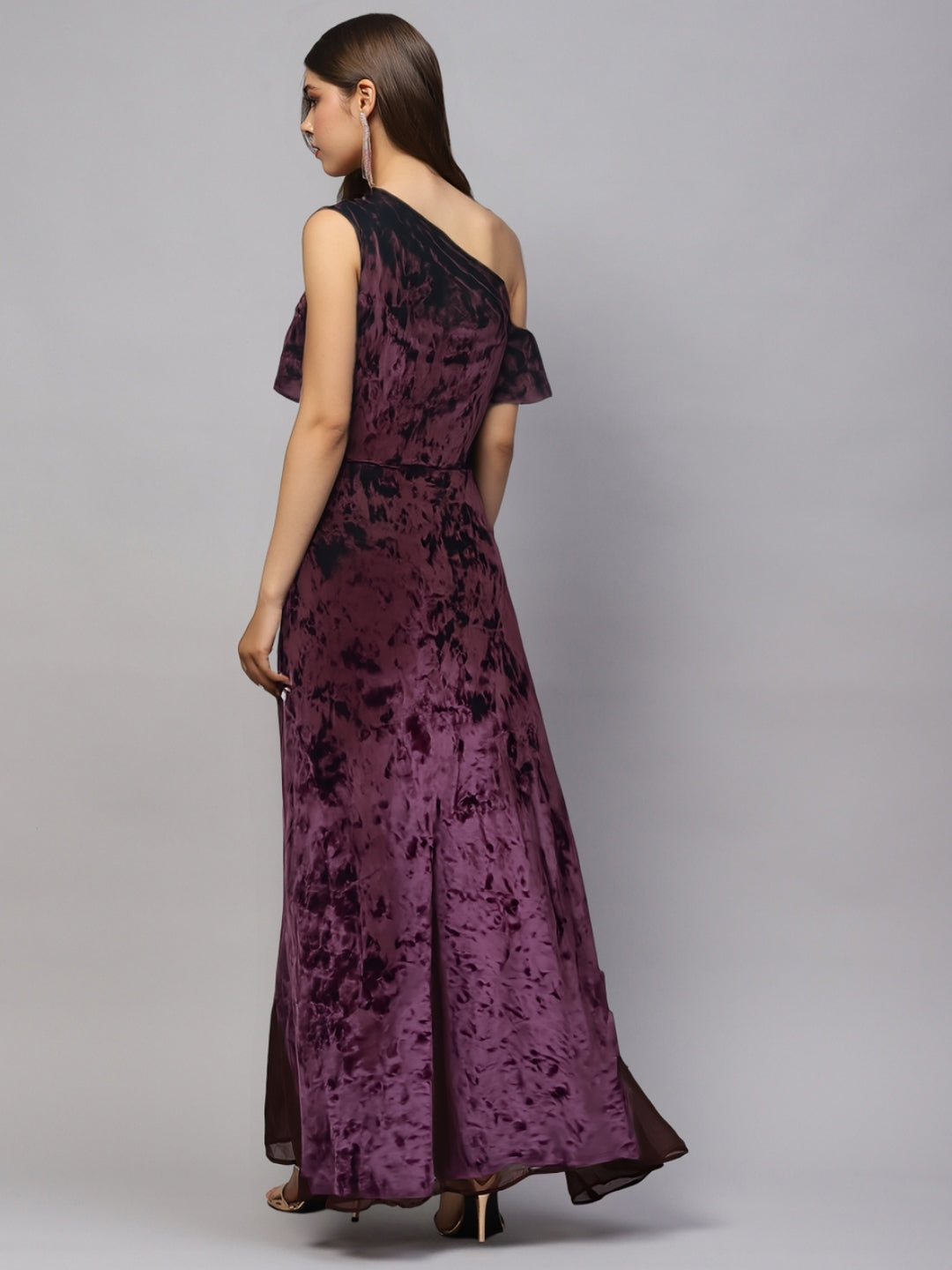 Plum Velvet One Shoulder Maxi Dress – Elegant Evening Gown with Front Slit