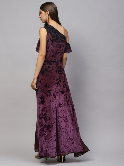 Plum Velvet One Shoulder Maxi Dress – Elegant Evening Gown with Front Slit