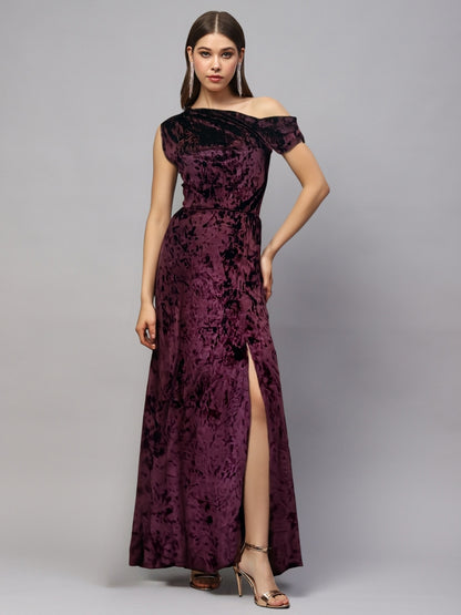Plum Velvet One Shoulder Maxi Dress – Elegant Evening Gown with Front Slit
