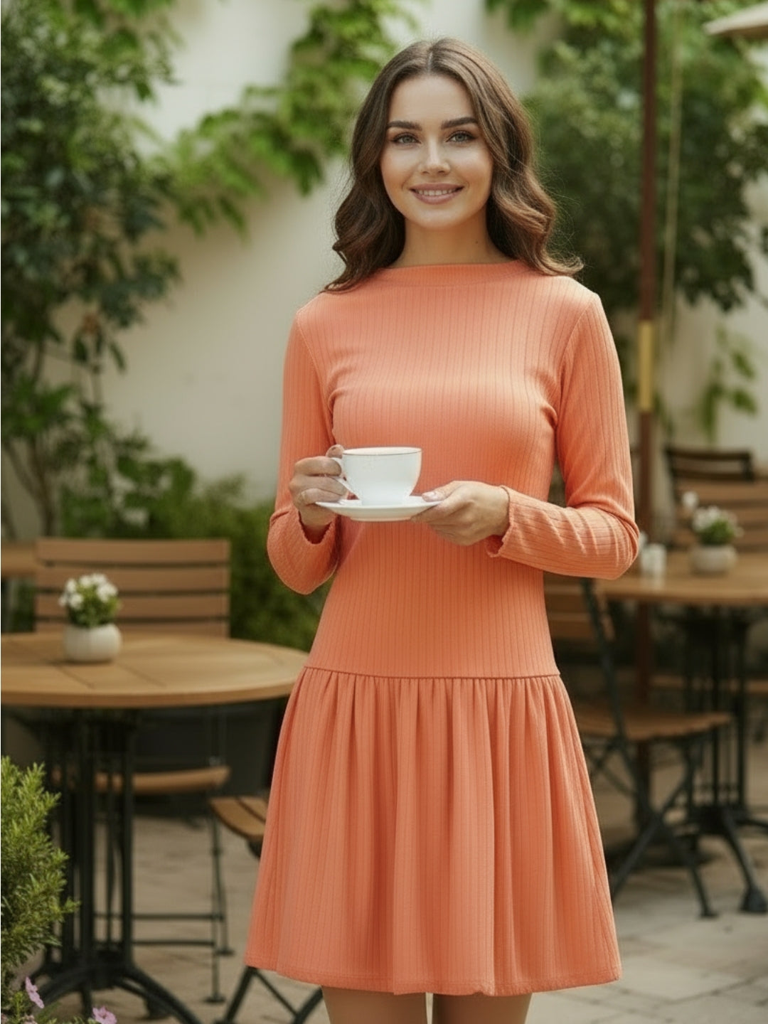 Orange Pleated Long Sleeve  Elegant Fit & Flare Short  Mini Dress for Women