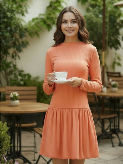 Orange Pleated Long Sleeve  Elegant Fit & Flare Short  Mini Dress for Women