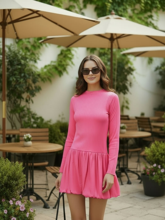 Fushia Pleated Long Sleeve  Elegant Fit & Flare Short  Mini Dress for Women