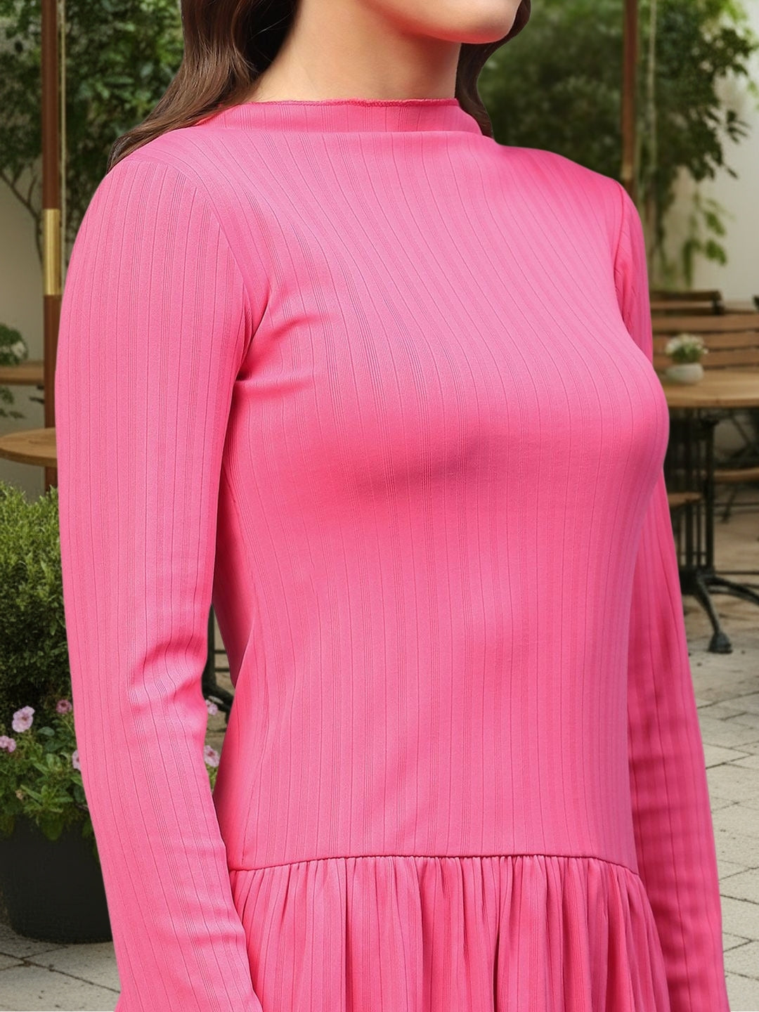 Fushia Pleated Long Sleeve  Elegant Fit & Flare Short  Mini Dress for Women