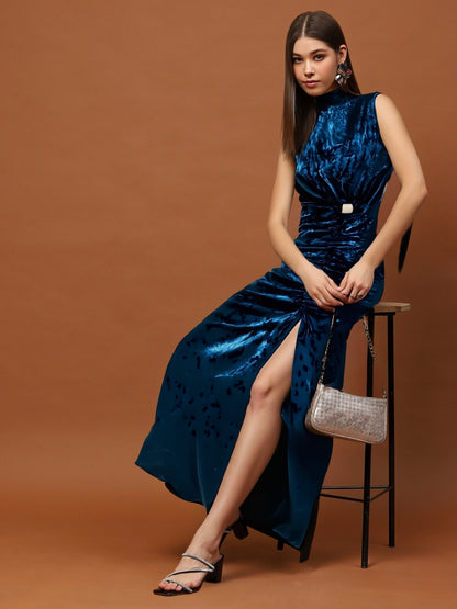 Teal Blue Velvet Bodycon Maxi Dress with Ruched Detailing & Side Slit – Elegant Women’s Party Wear