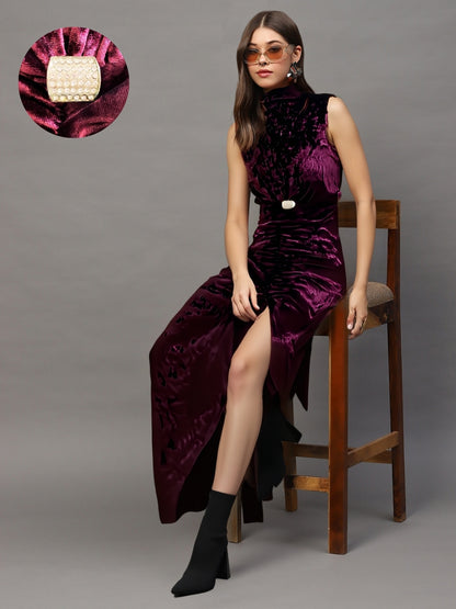 Maroon Velvet Bodycon Maxi Dress with Ruched Detailing & Side Slit – Elegant Women’s Party Wear