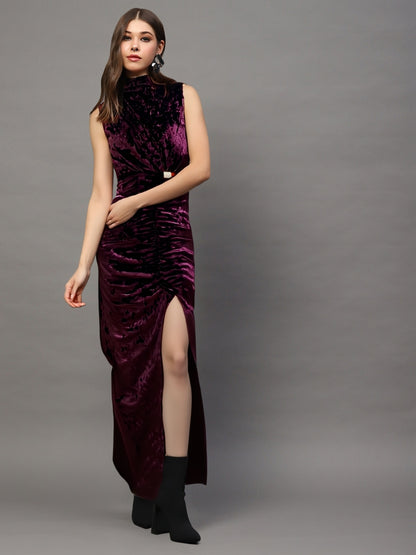 Maroon Velvet Bodycon Maxi Dress with Ruched Detailing & Side Slit – Elegant Women’s Party Wear
