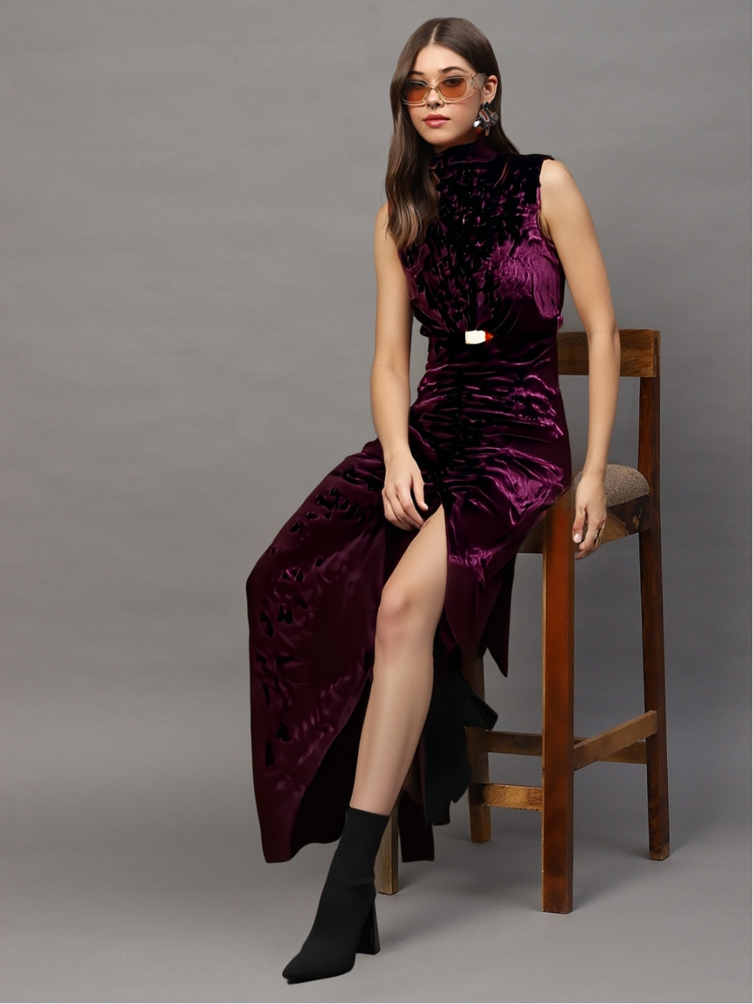 Maroon Velvet Bodycon Maxi Dress with Ruched Detailing & Side Slit – Elegant Women’s Party Wear