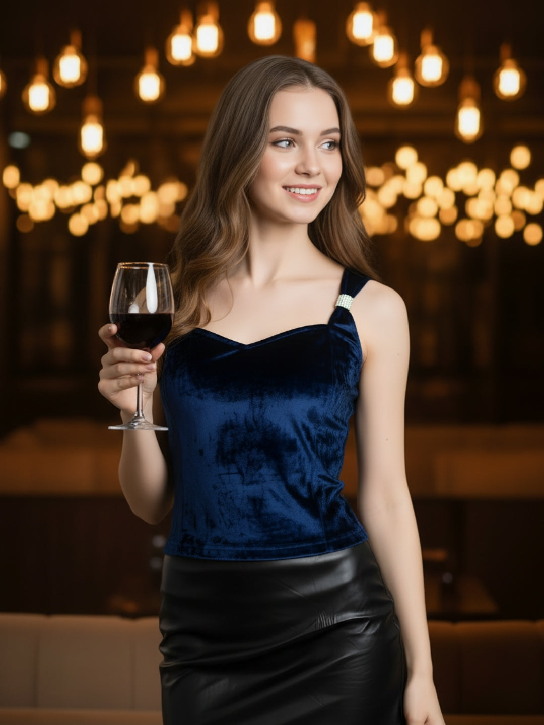 Navy Velvet Sleeveless Party Top with Stylish Strap Detailing – Trendy Women’s Evening Wear