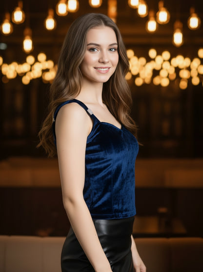 Navy Velvet Sleeveless Party Top with Stylish Strap Detailing – Trendy Women’s Evening Wear