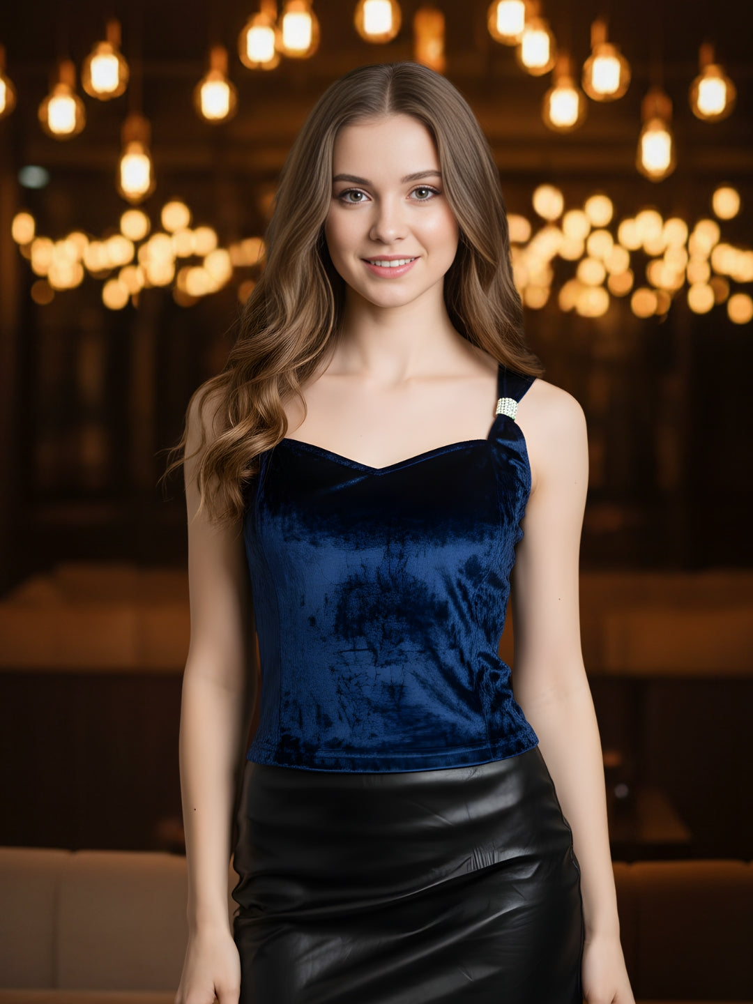 Navy Velvet Sleeveless Party Top with Stylish Strap Detailing – Trendy Women’s Evening Wear