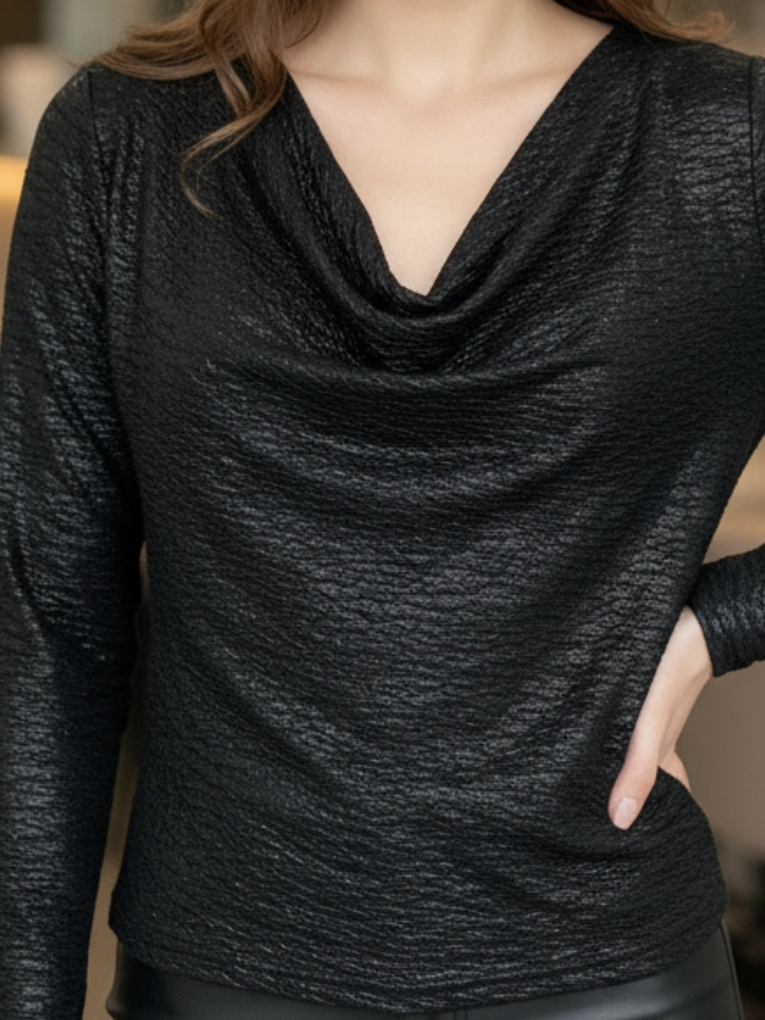 Black Foil Stylish V-Neck Party Wear Long Sleeve  Top