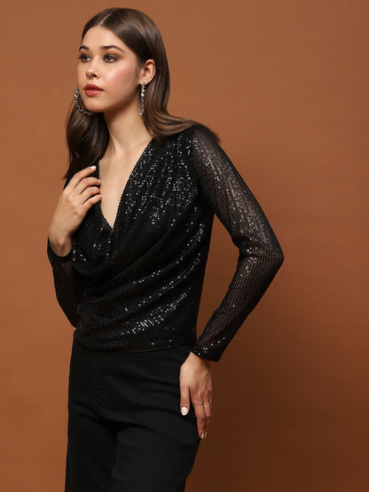 Black Sequin Stylish V-Neck Party Wear Long Sleeve Shimmer Top