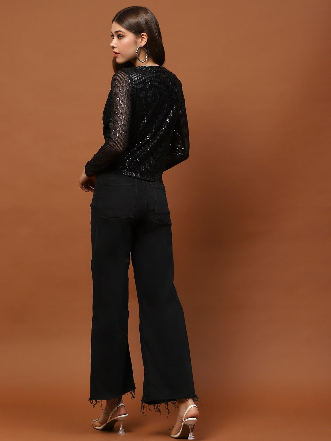 Black Sequin Stylish V-Neck Party Wear Long Sleeve Shimmer Top